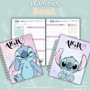 Planner Stitch Disney 2025 con portadas ilustradas rosa y lila para organización diaria.