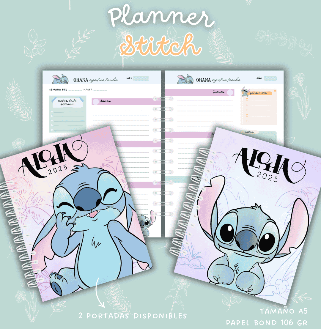 Planner Stitch Disney 2025 con portadas ilustradas rosa y lila para organización diaria.